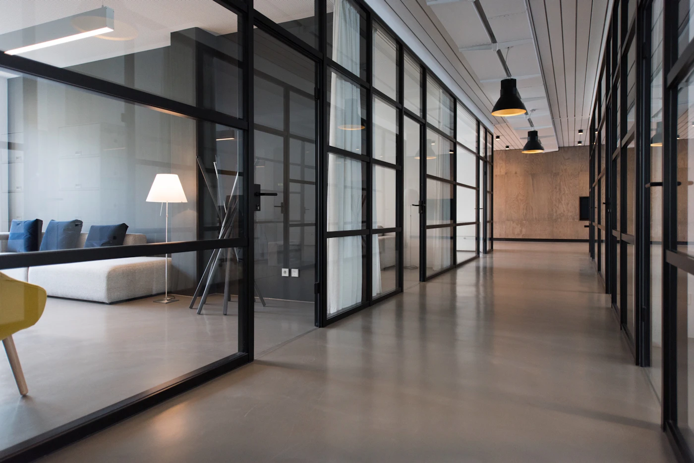 Gün ışığı alan, bitkilerle çevrili temsili modern ofis